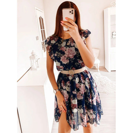 Damen Sommerliches Blumenkleid mit Rüschendetails und Taillengürtel EB