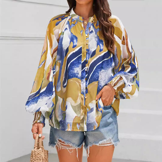 Damen Bluse mit kunstvollem Druck und geschöpften Ärmeln EB