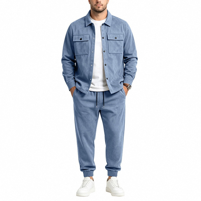 Herren nan Velours-Lounge-Set mit Overshirt, aufgesetzten Brusttaschen und tapered Jogginghose EB