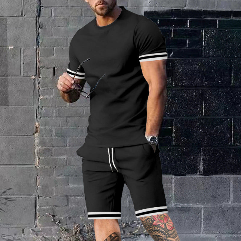 Herren nan athletisches Freizeit-Set aus Baumwoll-Feinjersey mit Kontrastbündchen und Kordelbund-Kurzhose EB
