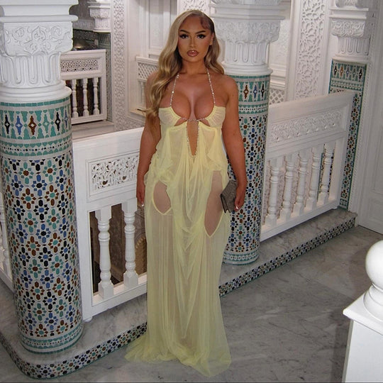 Damen Glamouröses Maxi-Kleid mit transparentem Design und geschmückten Ausschnitten EB