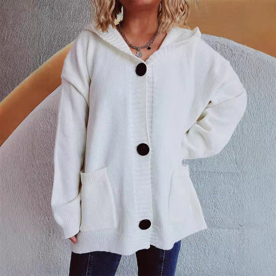Damen bequeme Strickjacke mit Kapuze und praktischen Taschen EB