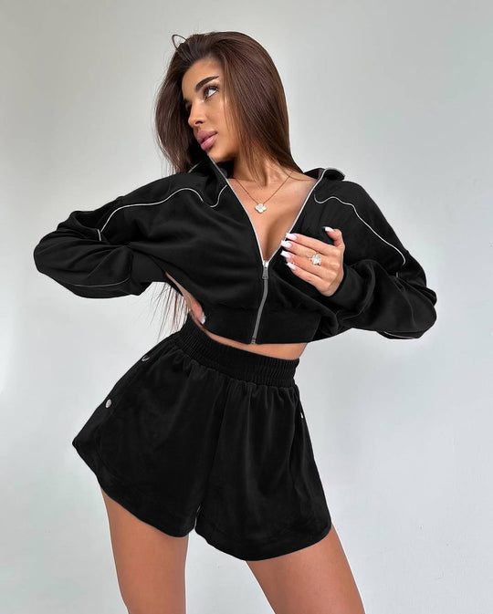Damen sportliches Fleece-Crop-Set mit Reißverschluss und Druckknöpfen EB