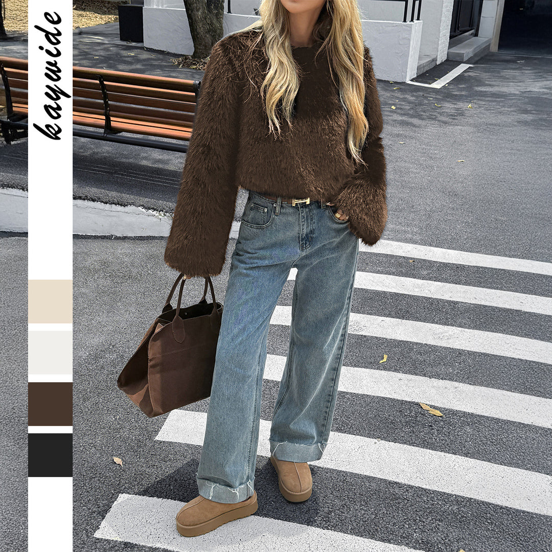Damen nan kuscheliger Cropped-Faux-Fur-Pullover mit ausgestellten Ärmeln EB
