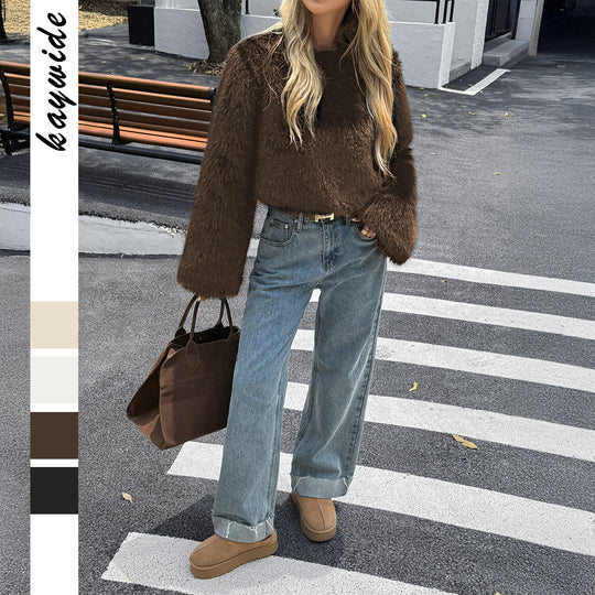 Damen nan kuscheliger Cropped-Faux-Fur-Pullover mit ausgestellten Ärmeln EB