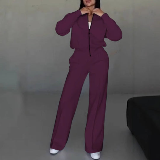 Damen nan kurz geschnittenes Blouson mit Reißverschluss und weiter High-Waist Jogginghose Set EB