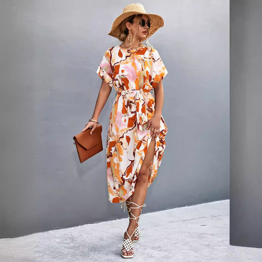 Damen Maxi-Kleid mit fließendem Schnitt und bindbarem Taillengürtel EB