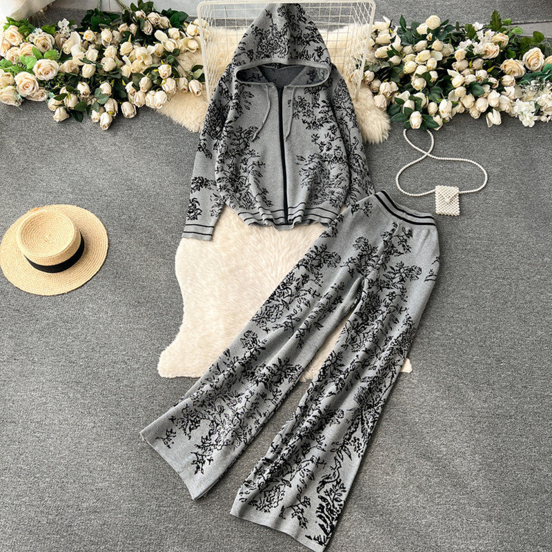 Damen modisches Freizeit-Lounge-Set mit Kapuze und floralem Muster EB