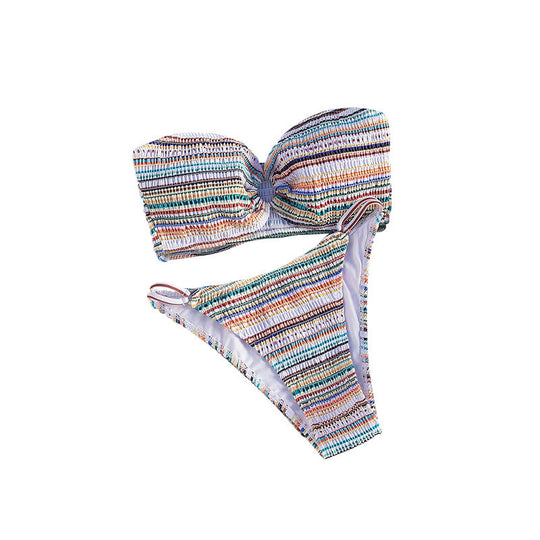 Damen Bandeau-Bikini mit buntem Muster und voluminösem Design EB