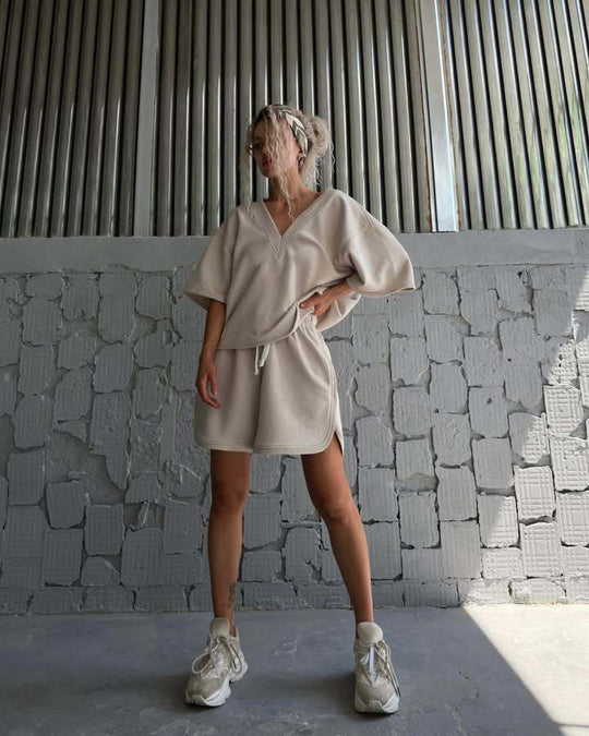 Damen lässiges Oberteil und Shorts-Set mit V-Ausschnitt und weitem Schnitt EB