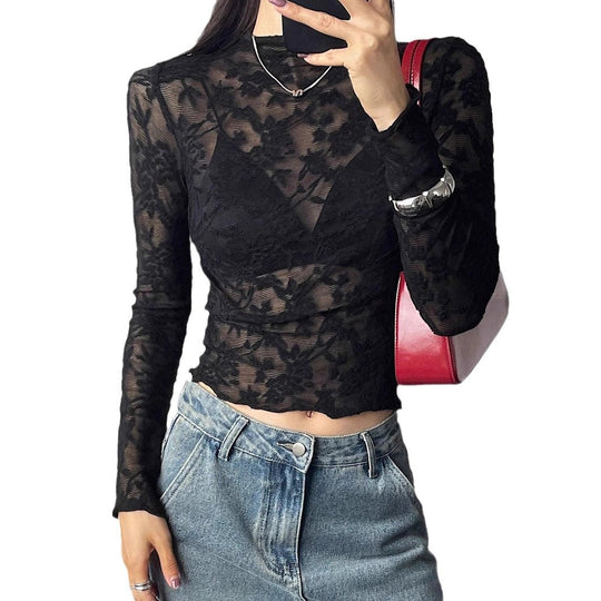 Damen nan eng anliegendes Spitzen-Langarmshirt mit floraler Ajour-Spitze, leicht transparent und Stehkragen EB
