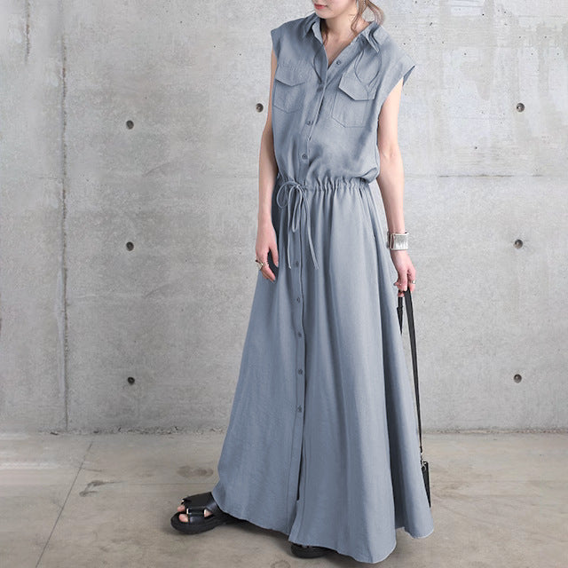 Damen nan langes Hemdkleid mit Tunnelzugtaillierung und aufgesetzten Brusttaschen EB