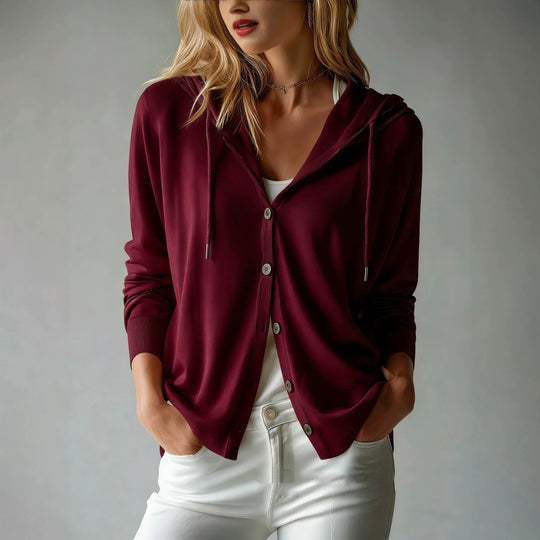 Damen nan leichter Kapuzen-Cardigan mit Knopfleiste und Tunnelzug EB