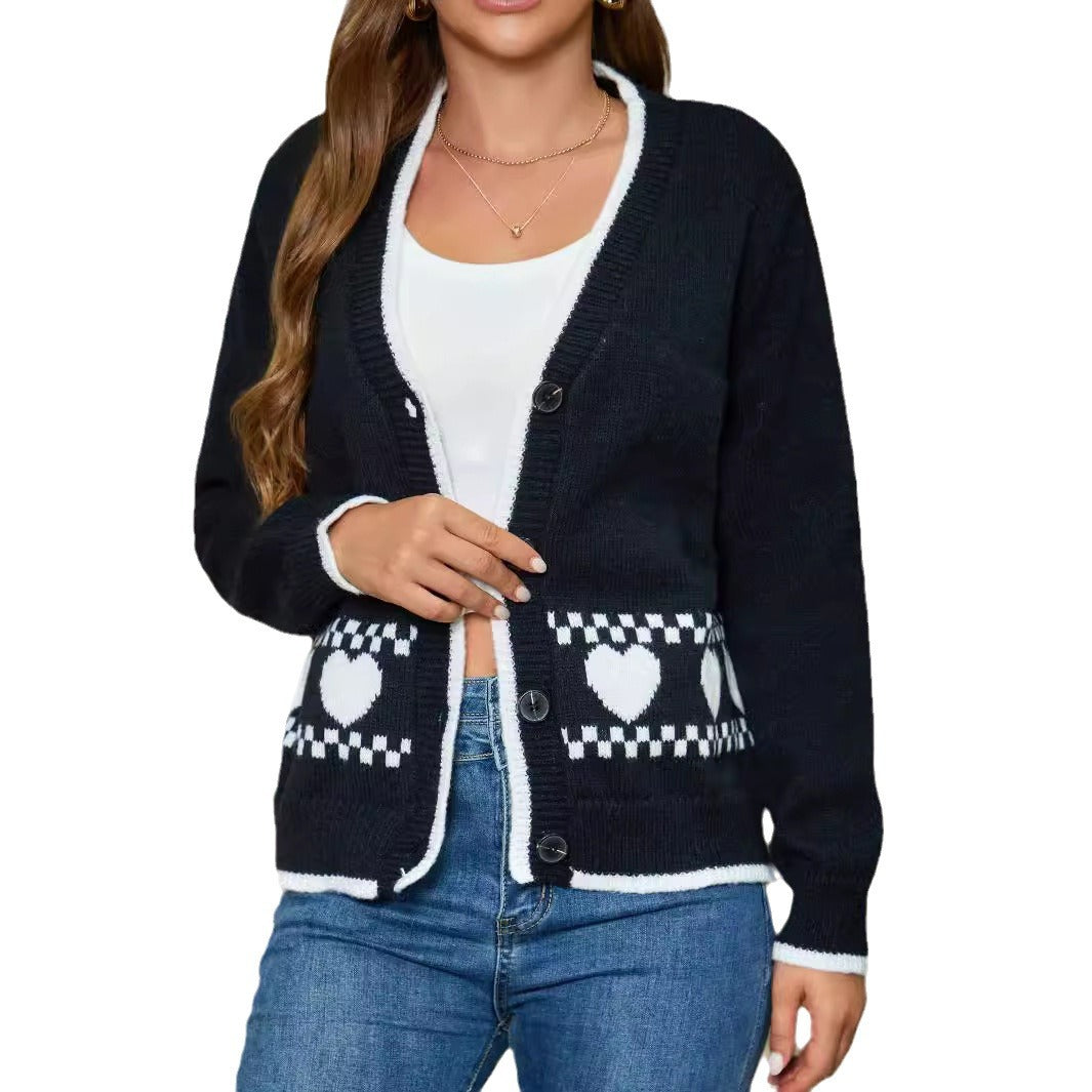 Damen Cardigan mit Herzmuster und kontrastierenden Details EB