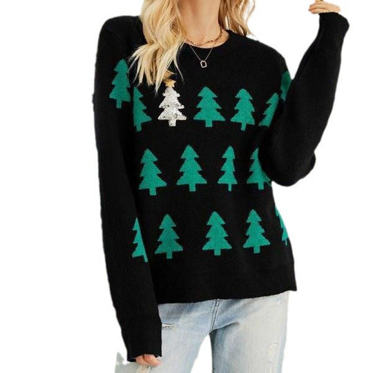 Damen kuscheliger Weihnachtspullover mit festlichem Tannenbaum-Design EB