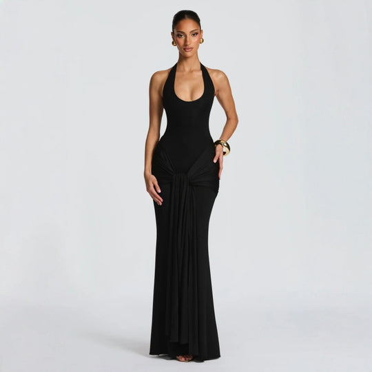 Damen Langes Wickelkleid mit tiefem V-Ausschnitt und Raffungen EB