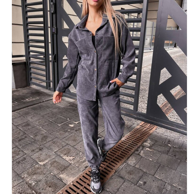 Damen bequeme Lounge-Set mit Knopfleiste und elastischen Bündchen EB