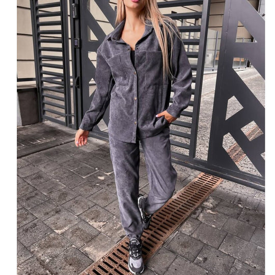 Damen bequeme Lounge-Set mit Knopfleiste und elastischen Bündchen EB