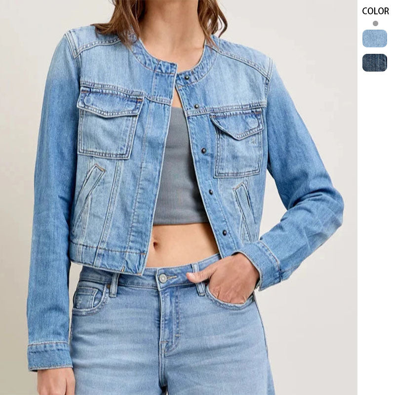 Damen Jeansjacke im lässigen Cropped-Schnitt mit praktischen Taschen und Knopfdetails EB