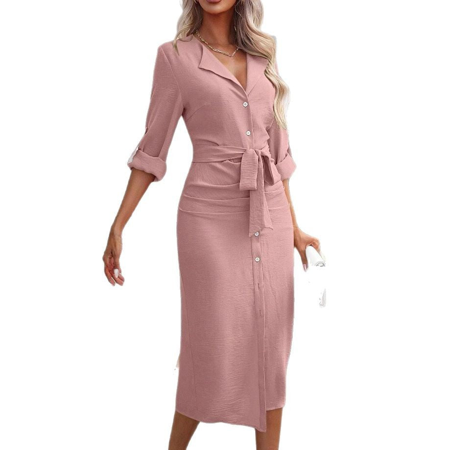 Damen Tailliertes Hemdblusenkleid aus Crinkle-Jersey mit Bindegürtel und Frontschlitz EB