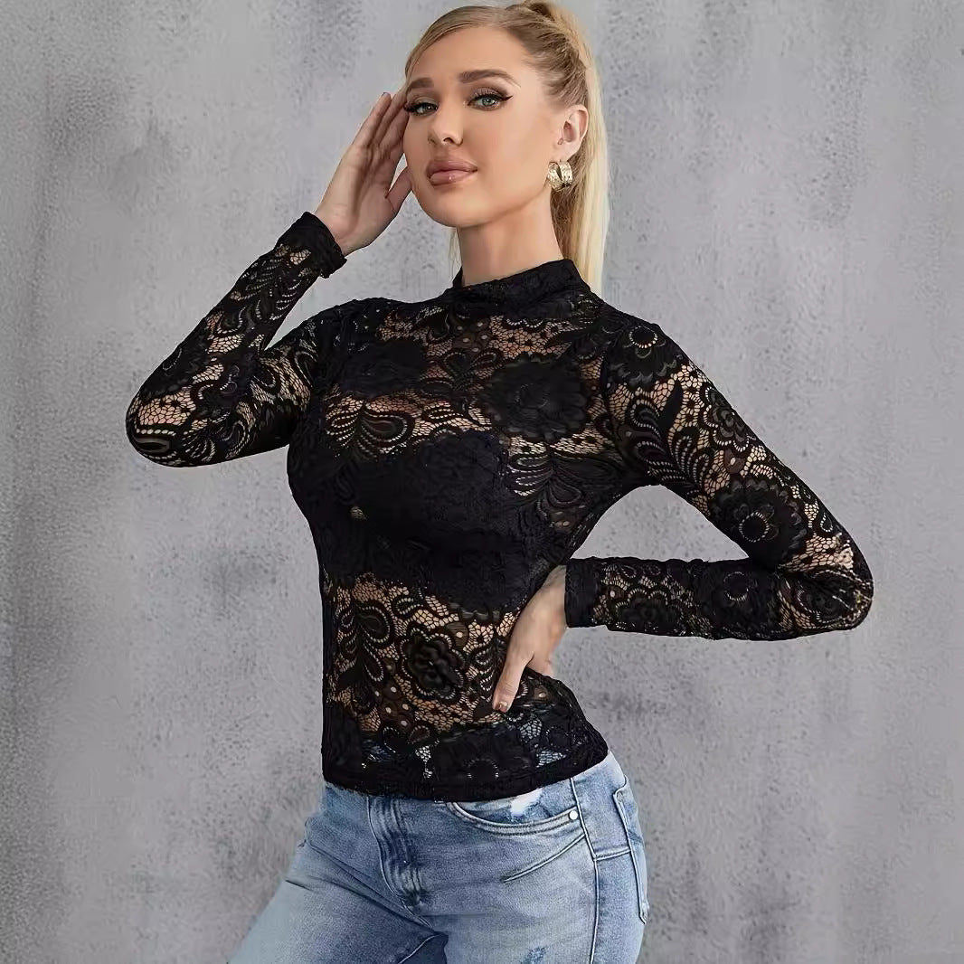 Damen nan figurbetontes Spitzen-Longsleeve mit Stehkragen und floralem Ajour-Muster EB
