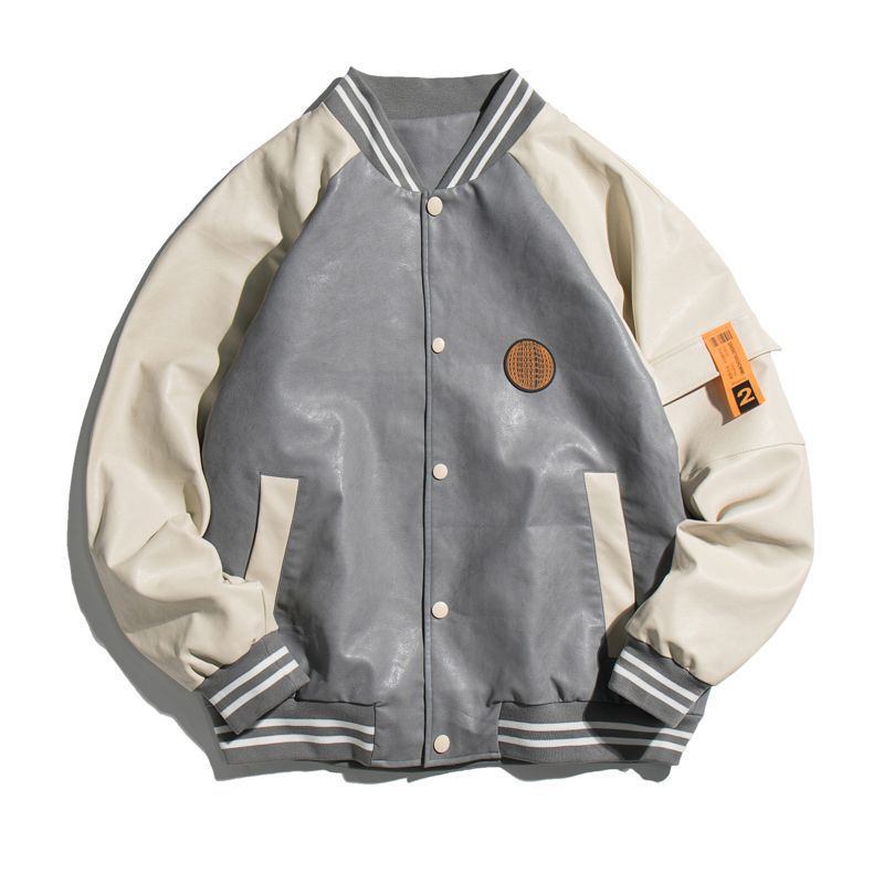 Herren College-Bomberjacke im Varsity-Stil aus Kunstleder mit Kontrastärmeln und Rippbündchen EB