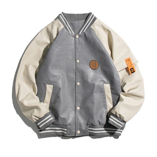 Herren College-Bomberjacke im Varsity-Stil aus Kunstleder mit Kontrastärmeln und Rippbündchen EB