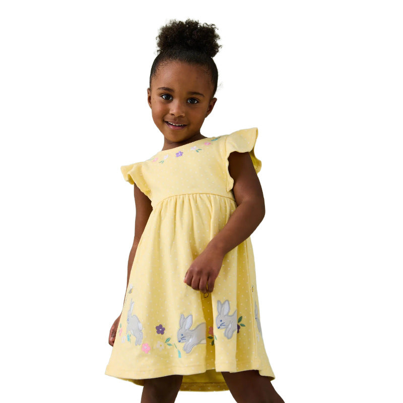 Mädchen Sommerkleid mit verspielten Hasen- und Blumenstickereien EB