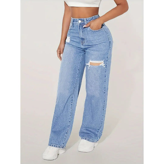 Damen weite Jeans mit modischen Rissdetails und hohem Bund EB