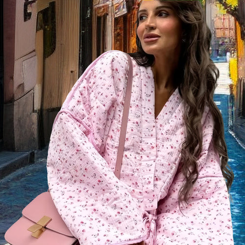 Damen Leichte Übergangsjacke mit floralen Mustern und voluminösen Ärmeln EB