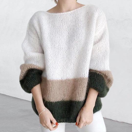 Damen Grobstrickpullover mit modernem Blockmuster und lässigem Schnitt EB