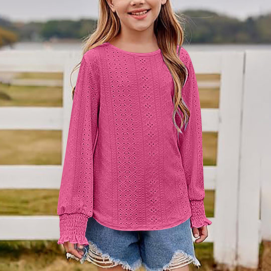 Damen Ajourgestricktes Oversize-Pullover-Shirt mit Ballonärmeln und Rüschenbündchen EB