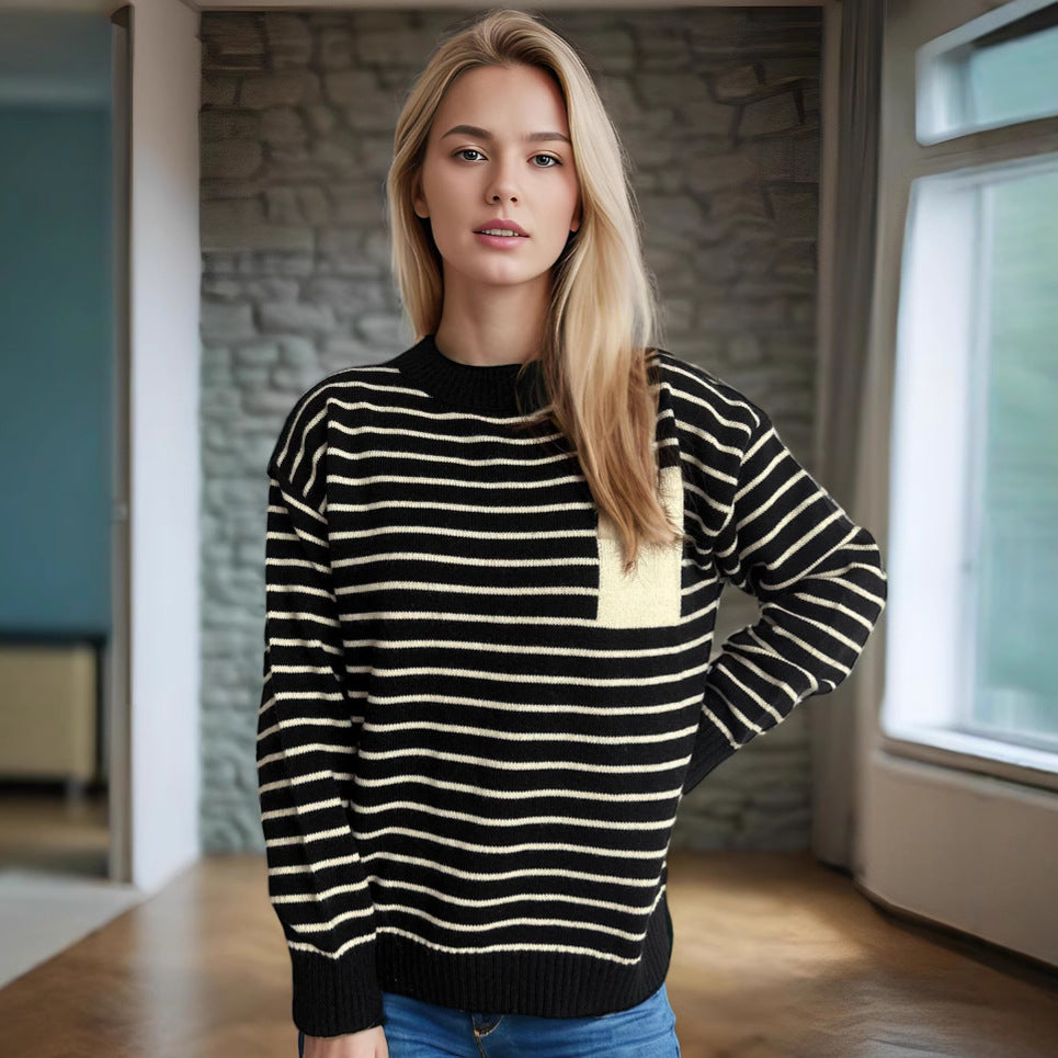Damen lässiger Strickpullover mit breitem Streifenmuster und überschnittenen Schultern EB