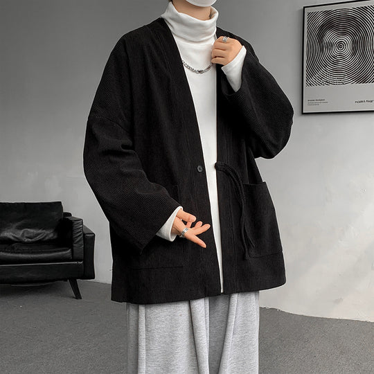 Herren nan oversized Cord-Kimono-Cardigan mit Kordelzug, aufgesetzten Taschen und Tropfenärmeln EB