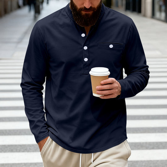 Herren nan langärmeliges Henley-Shirt mit Stehkragen, Brusttasche und dekorativer Knopfleiste EB