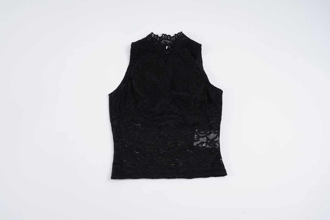 Damen Spitzen-Crop-Top mit elegantem Stehkragen und transparenten Einsätzen EB
