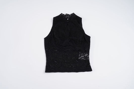 Damen Spitzen-Crop-Top mit elegantem Stehkragen und transparenten Einsätzen EB