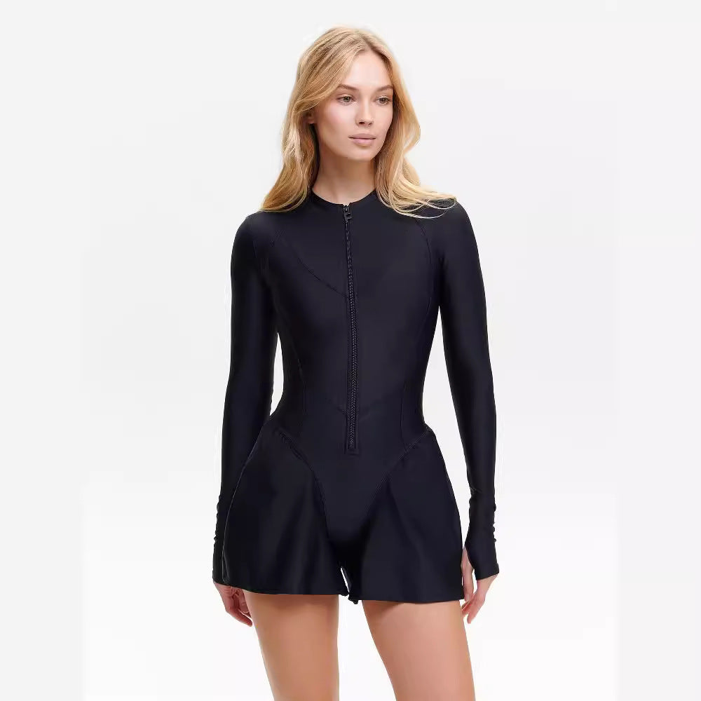 Damen Sportlicher Jumpsuit mit langem Arm und Reißverschluss EB