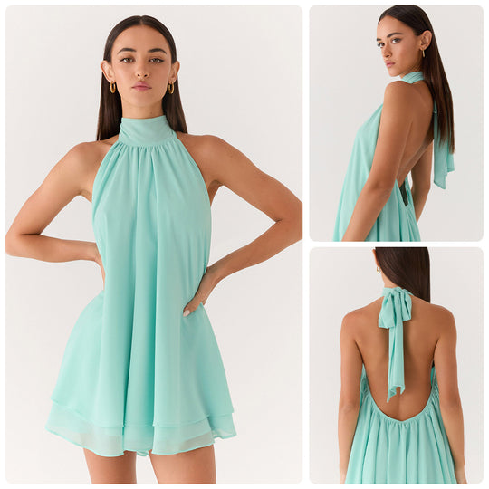 Damen elegantes Hochgeschlossenes Minikleid mit fließendem Stoff und verspieltem Volant EB
