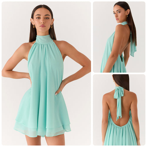 Damen elegantes Hochgeschlossenes Minikleid mit fließendem Stoff und verspieltem Volant EB