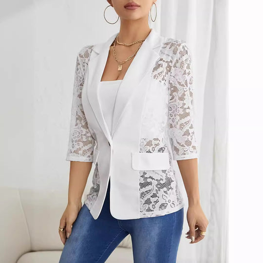 Damen Elegante Blazerjacke mit transparenter Spitzenverarbeitung EB