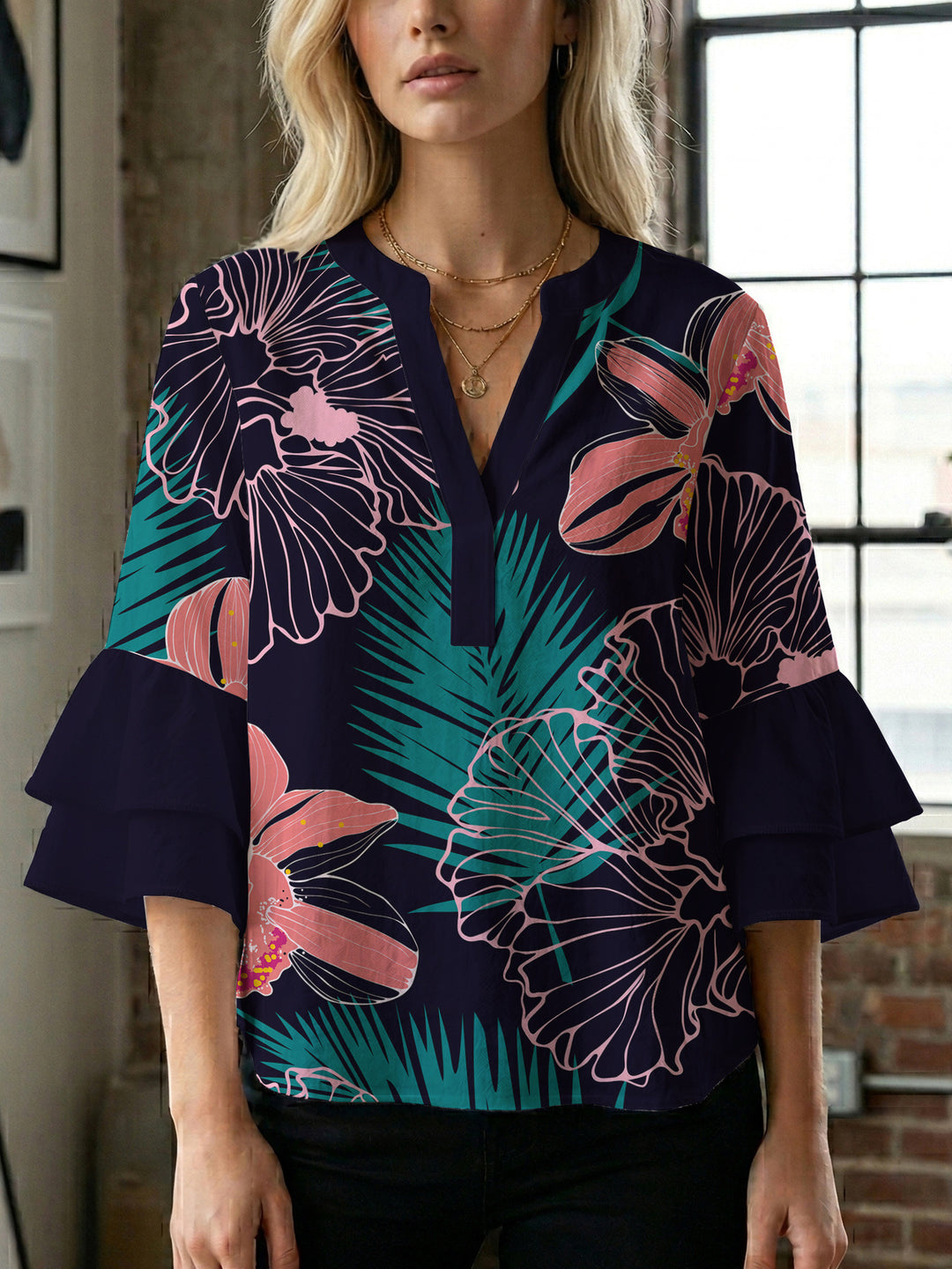 Damen Bluse mit voluminösen Rüschenärmeln und floralem Druck EB