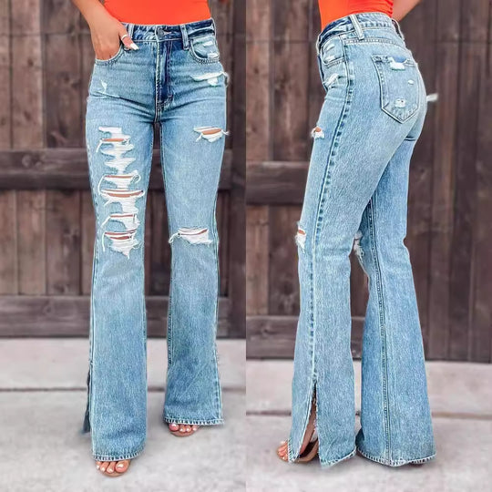 Damen Flared Jeans mit Distressed-Effekten und seitlichen Schlitzen EB