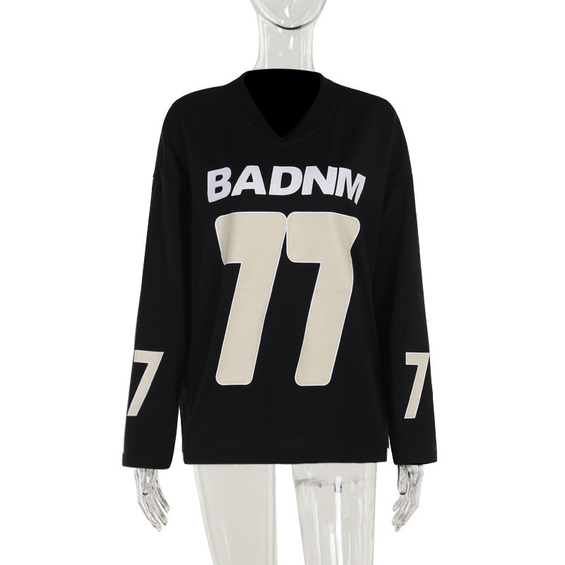 Damen Oversize Sport-Sweatshirt mit V-Ausschnitt und Statement-Print EB