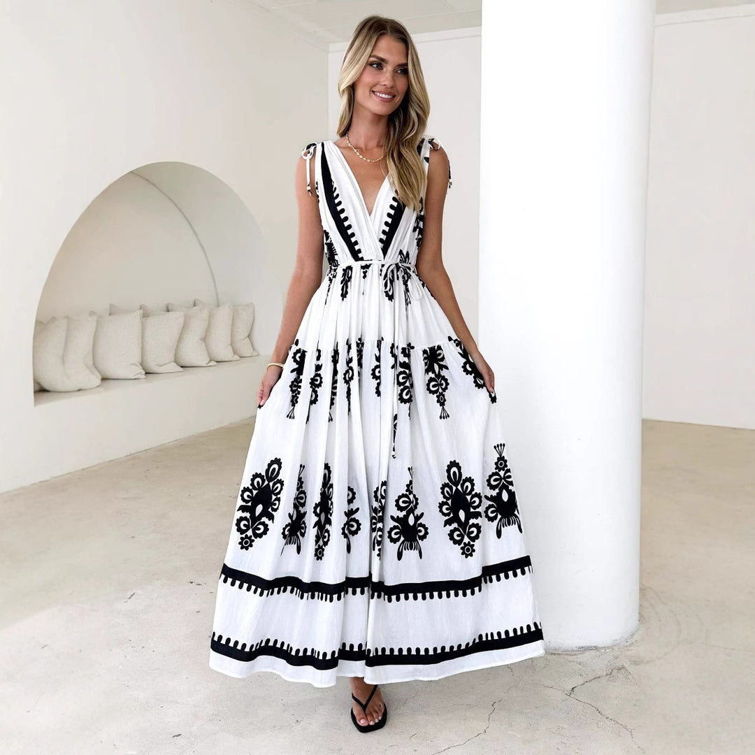 Damen Maxikleid mit kunstvollem geometrischen Muster und elegantem V-Ausschnitt EB
