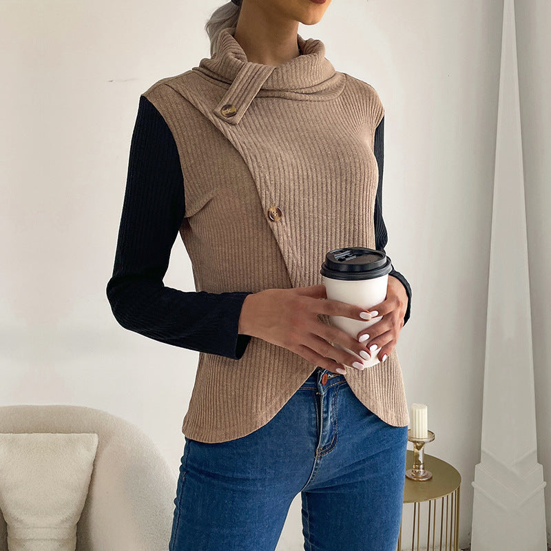 Damen Strickoberteil mit asymmetrischem Reverskragen und dekorativen Knöpfen EB