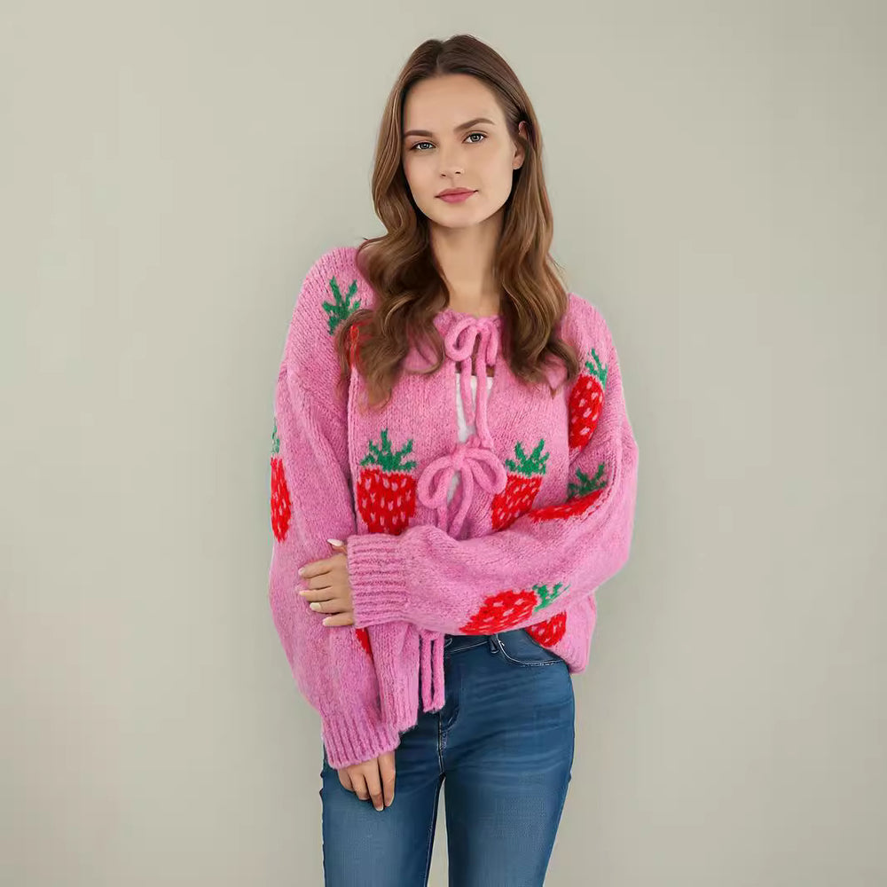 Damen kuscheliger Pullover mit fruchtigem Erdbeer-Motiv EB