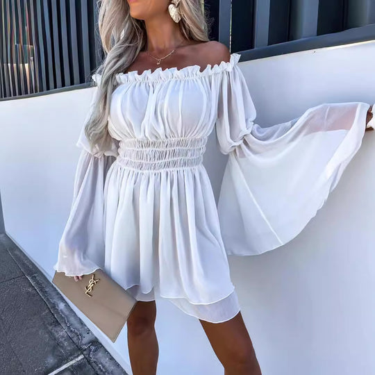 Damen Off-Shoulder Minikleid mit elastischem Taillenband und fließendem Stoff EB