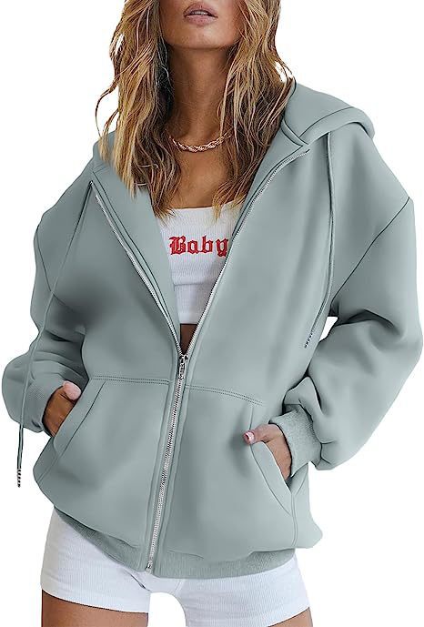 Damen nan oversized Kapuzenjacke mit durchgehendem Reißverschluss Kängurutaschen und weichem Sweatmaterial EB