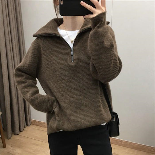 Damen Leichter Strickpullover mit hohem Kragen und Reißverschluss EB